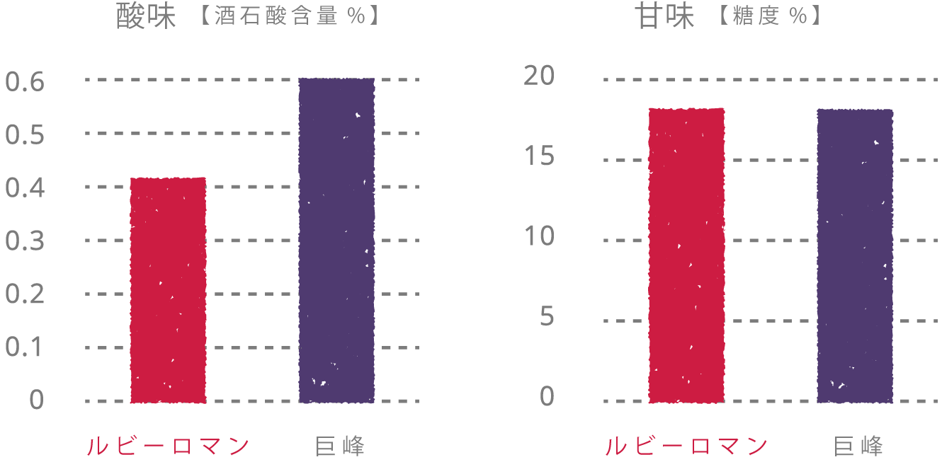 酸味【酒石酸含量%】ルビーロマン0.4 巨峰0.6、甘味【糖度%】ルビーロマン18 巨峰18